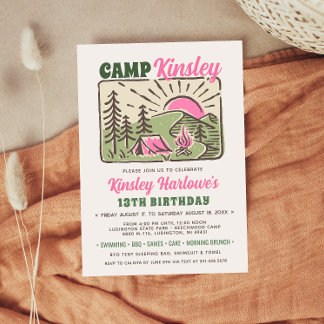 Retro-Girl-Wochenende Camp-Birthday-Einladung Einladung