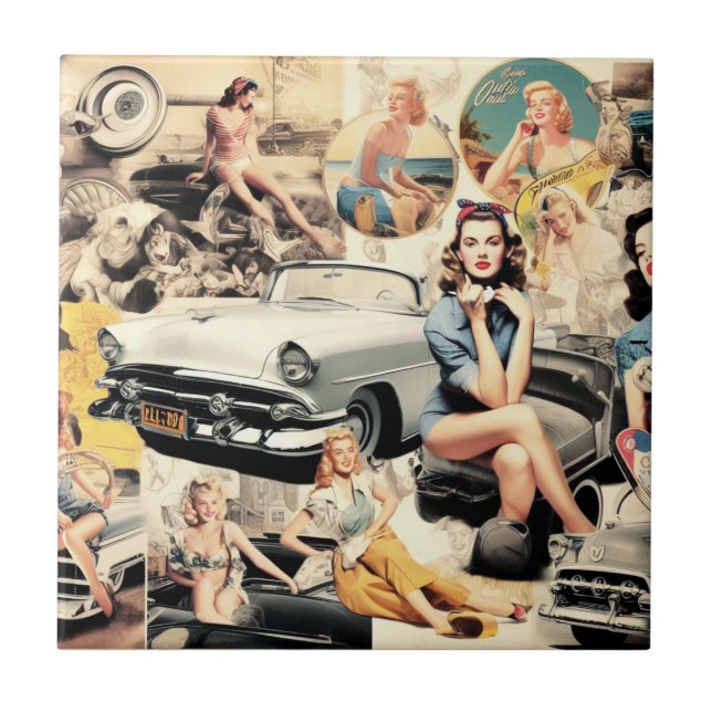 Retro Girls Collage aus den 50er Jahren Fliese (Vorderseite)