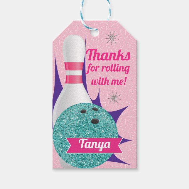 Retro Girls Glitzer Bowling Tenpin Party Geschenkanhänger (Vorderseite)