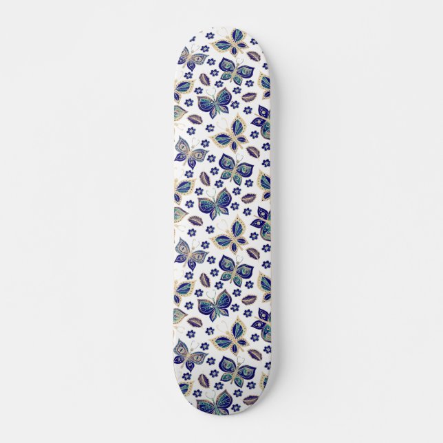 Retro Girly Blue Butterfly Musterskateboard Skateboard (Vorne)