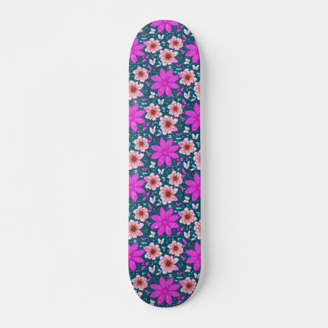 Retro Girly Pink Blumenmuster Skateboard (Vorne)