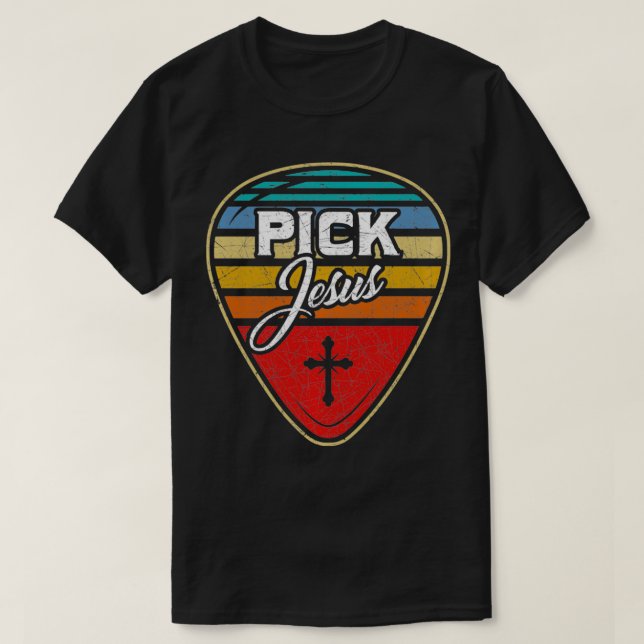 Retro Gitarrist Plektrum Christliche Musik Jesus T-Shirt (Design vorne)