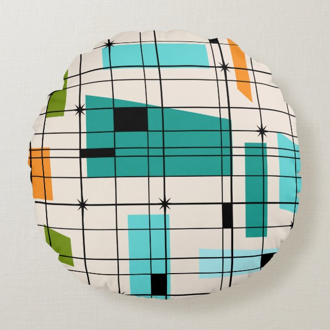 Retro Gitter u. Sternexplosion-rundes Kissen (Vorderseite)