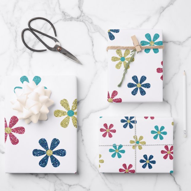 Retro Glam Girly 60er Glitzer Blume Geschenkpapier Set (Vorderseite)