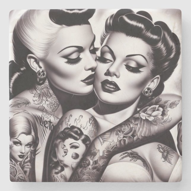 Retro Glam Tattoo Girls Steinuntersetzer (Vorderseite)