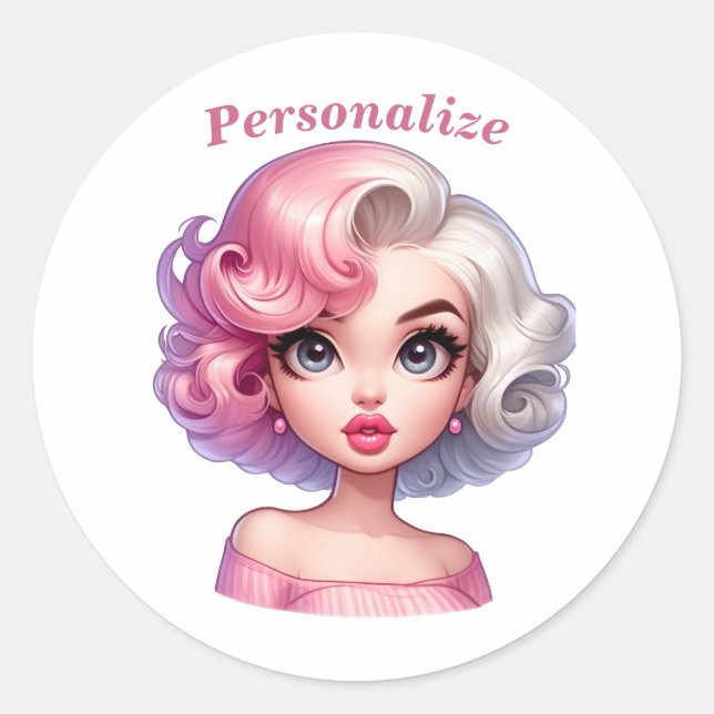 Retro Glamour Girl Animated Cartoon Personalize Runder Aufkleber (Vorderseite)