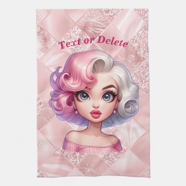 Retro Glamour Girl Animation Niedlicher Cartoon Be Geschirrtuch (Vertikal)