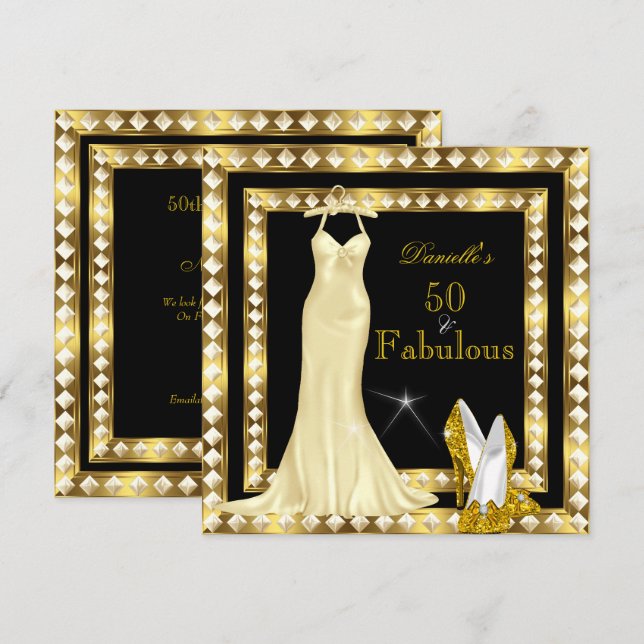 Retro Glamour Hollywood Fabulous 50 Gold Deko 2 Einladung (Vorne/Hinten)