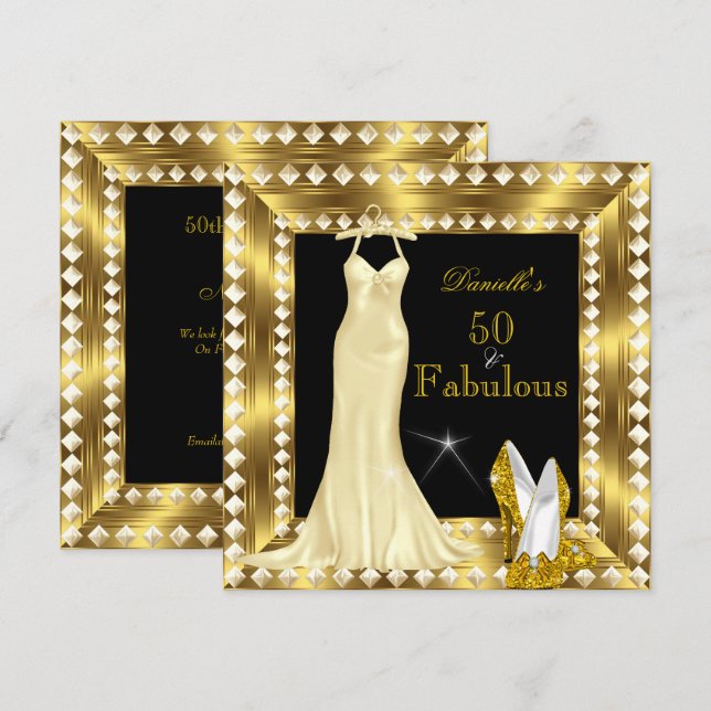 Retro Glamour Hollywood Fabulous 50 Gold Deko 3 Einladung (Vorne/Hinten)