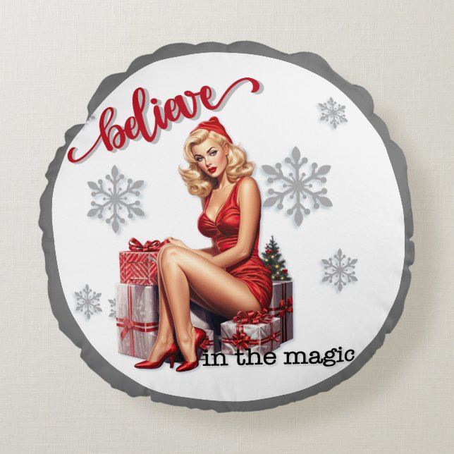 Retro Glaube an den magischen Weihnachtsweih Rundes Kissen (Vorderseite)