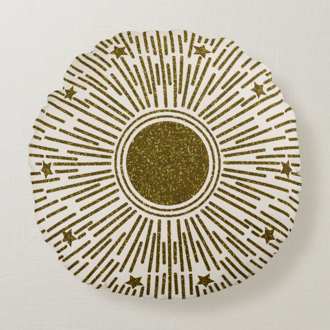 Retro-Glitzer, goldene Sonne mit Rochen Rundes Kissen (Vorderseite)