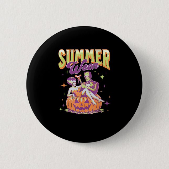 Retro glücklicher Sommerween lustiger Frankenstein Button (Vorderseite)
