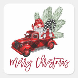 Retro Gnomes Christmas Buffalo Red Truck Holiday Quadratischer Aufkleber