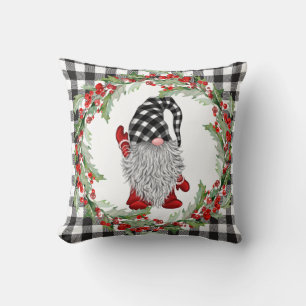Retro Gnomes Christmas Holly Berry Wreath Holiday Kissen