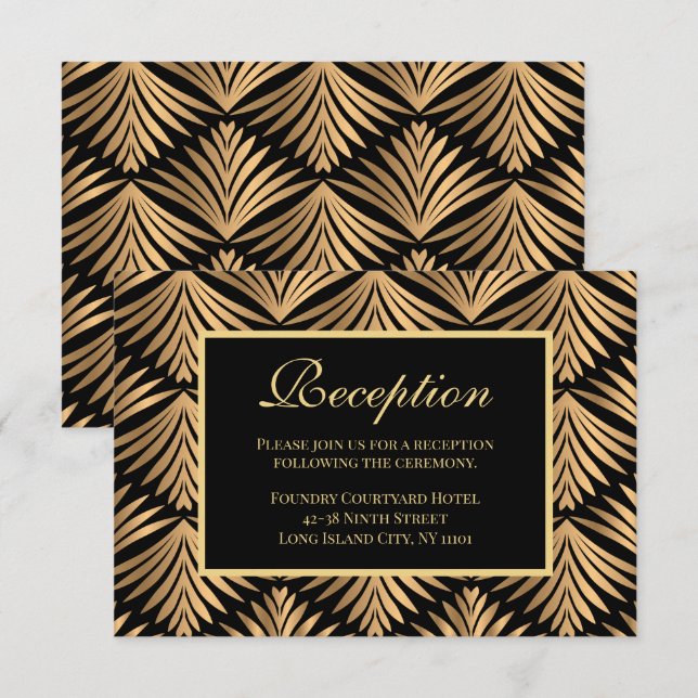 Retro Gold Black Art Deco Gatsby Hochzeitsempfang Einladung (Vorne/Hinten)
