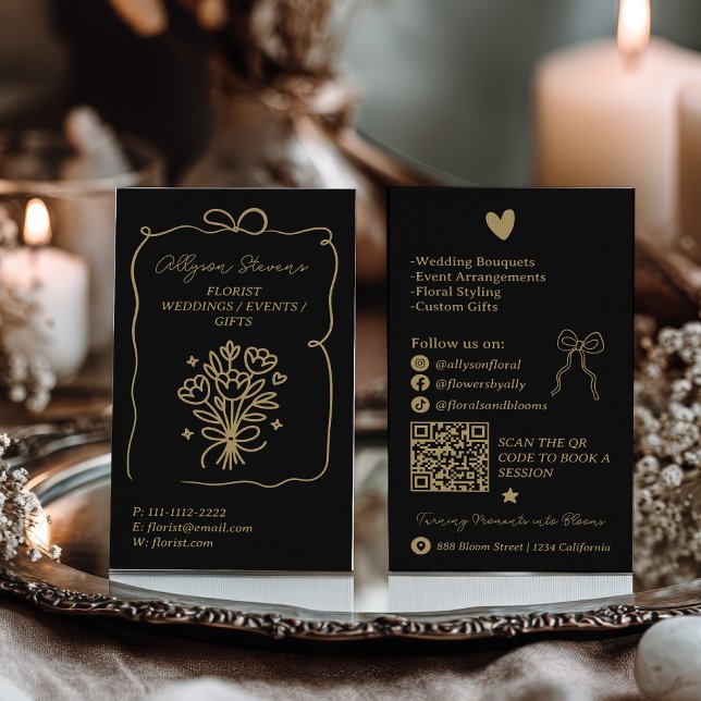 Retro Gold Black Doodles Florist Artist QR Code Visitenkarte (Retro Gold Black Doodles Florist Artist QR Code Business Card)