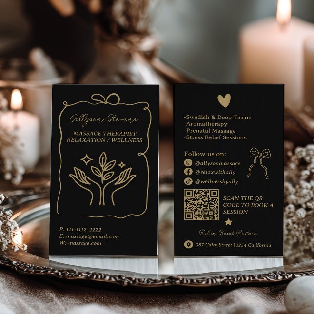 Retro Gold black Doodles Massage Therapist QR Code Visitenkarte (Retro Gold black Doodles Massage Therapist QR Code Business Card)