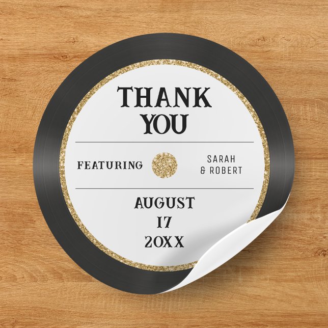 Retro Gold Glitzer Vinyl Record Vielen Dank für Ih Runder Aufkleber (Retro Gold Glitter Vinyl Record Thank You Wedding Classic Round Sticker
)