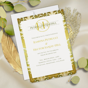 Retro Gold Green Damask Hochzeit Einladung
