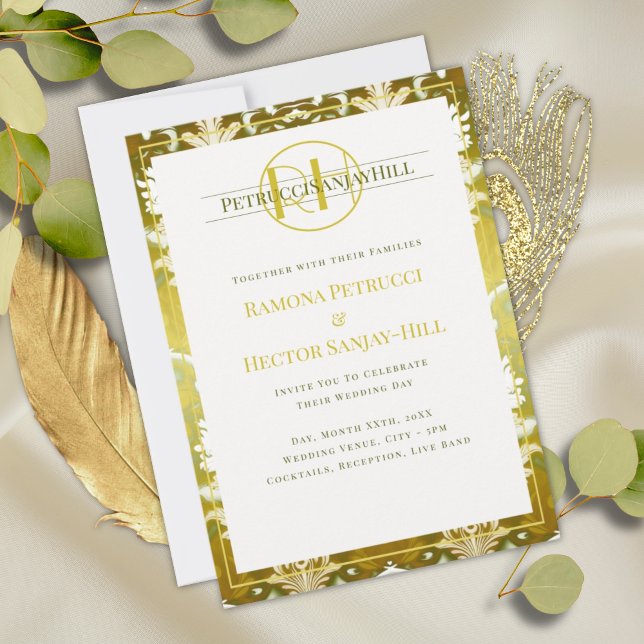 Retro Gold Green Damask Hochzeit Einladung (Von Creator hochgeladen)