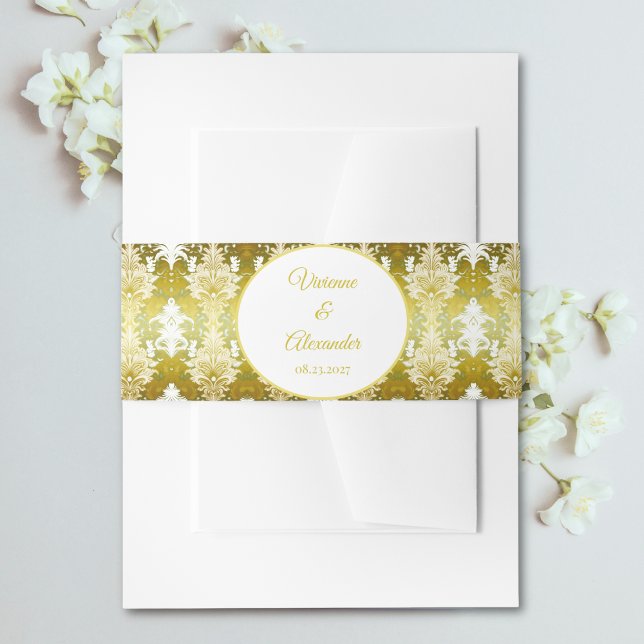 Retro Gold Green Damask Hochzeit Einladungsbanderole (Von Creator hochgeladen)