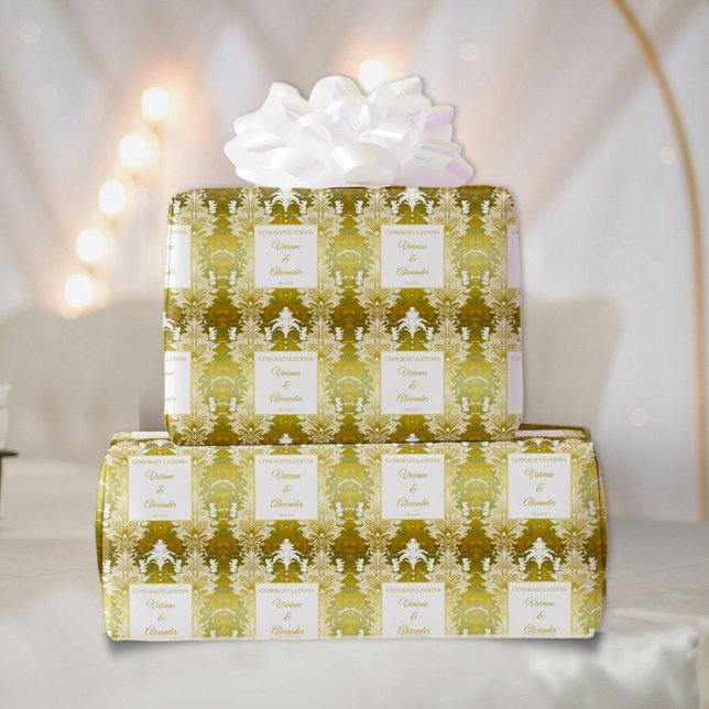 Retro Gold Green Damask Hochzeit Geschenkpapier (Von Creator hochgeladen)