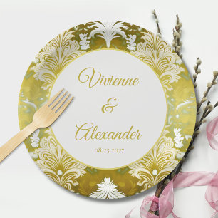 Retro Gold Green Damask Hochzeit Pappteller