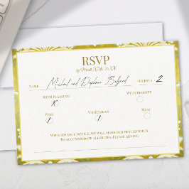 Retro Gold Green Damask Hochzeit RSVP Karte
