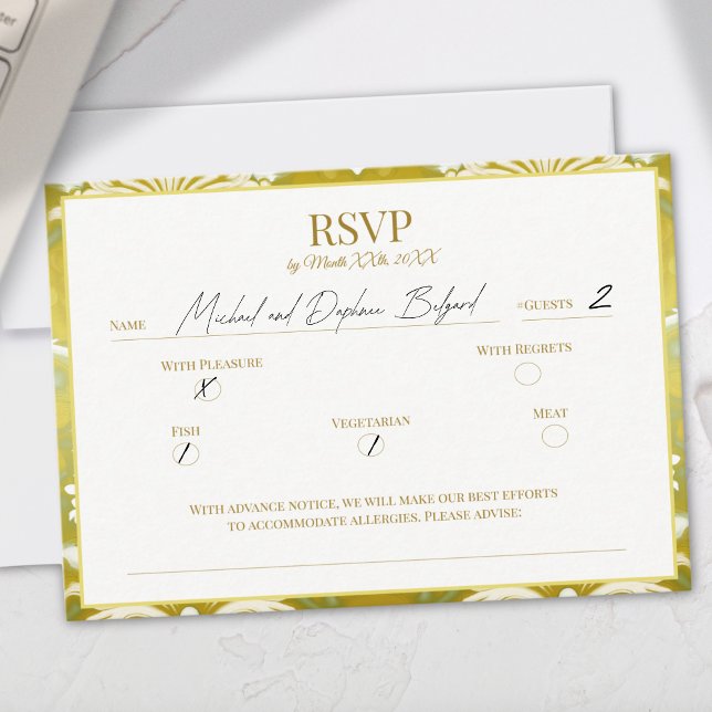 Retro Gold Green Damask Hochzeit RSVP Karte (Von Creator hochgeladen)