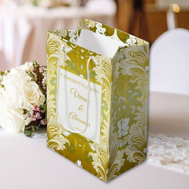Retro Gold Green Damask Hochzeitsgratulation Mittlere Geschenktüte (Von Creator hochgeladen)