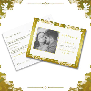 Retro Gold Green Damask Save the Date Ankündigungspostkarte
