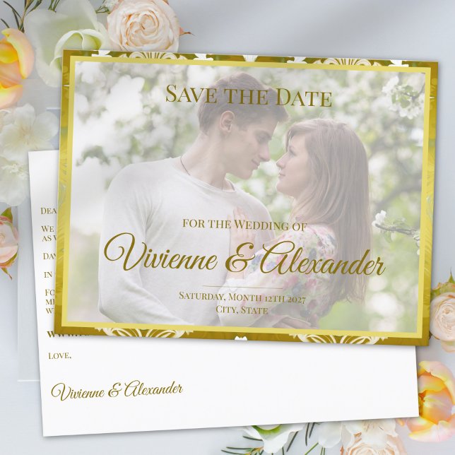 Retro Gold Green Damask Save the Date Announcement Ankündigungspostkarte (Von Creator hochgeladen)
