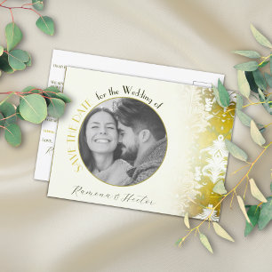 Retro Gold Green Damask Save the Date Foto Ankündigungspostkarte