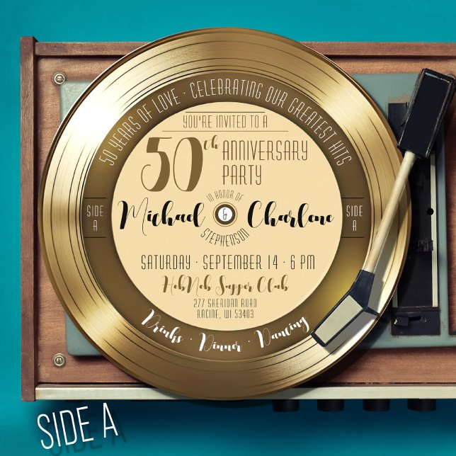 Retro Gold Record Foto 50-jähriges Party Einladung (Black and gold vinyl record music theme fiftieth 50th wedding anniversary photo celebration)