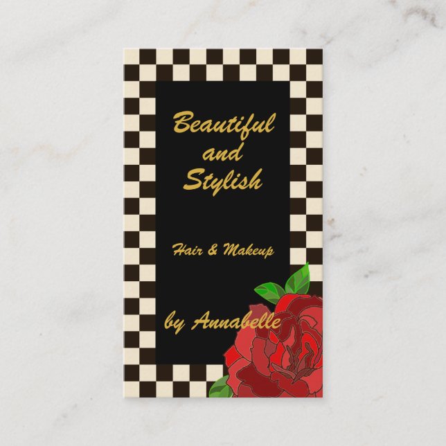 Retro Gold Schwarz-weiße Schachbretter-Rote Rose Visitenkarte (Vorderseite)
