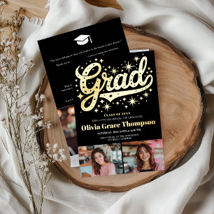 Retro Gold Script Stars 3-Foto Graduierungsparty Folieneinladung