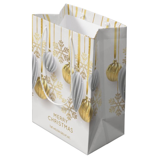 Retro Gold und Silber Weihnachtsschmuck Mittlere Geschenktüte (Rückseite Schrägansicht)
