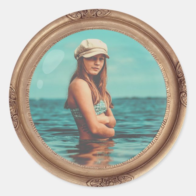 Retro Golden Stylish Portrait Foto Display Runder Aufkleber (Vorderseite)