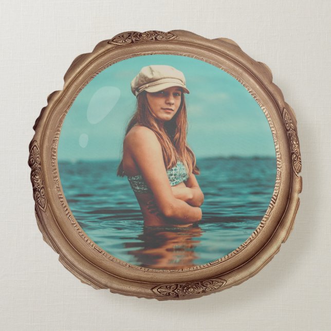 Retro Golden Stylish Portrait Foto Display Rundes Kissen (Vorderseite)