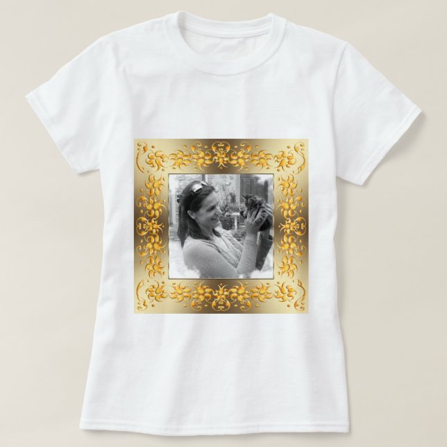 Retro goldener mit Blumenrahmen. Ihr Foto T-Shirt (Design vorne)