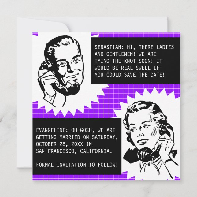 Retro Gossip Couple Speichern Sie die Datumskarten Save The Date (Vorderseite)