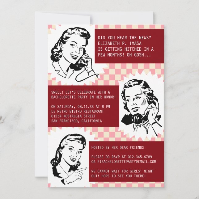 Retro Gossip Gals Junggeselinnen-Abschied Einladun Einladung (Vorderseite)