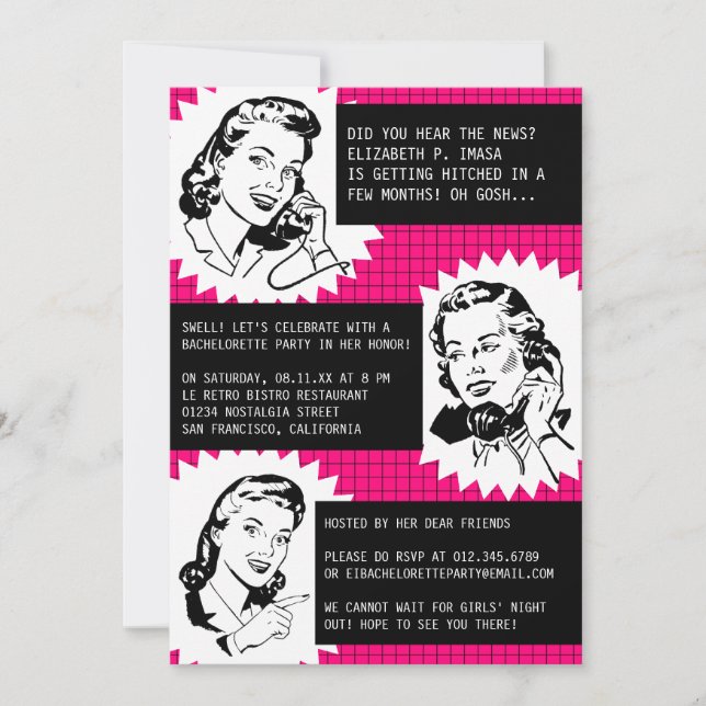 Retro Gossip Gals Junggeselinnen-Abschied Einladun Einladung (Vorderseite)