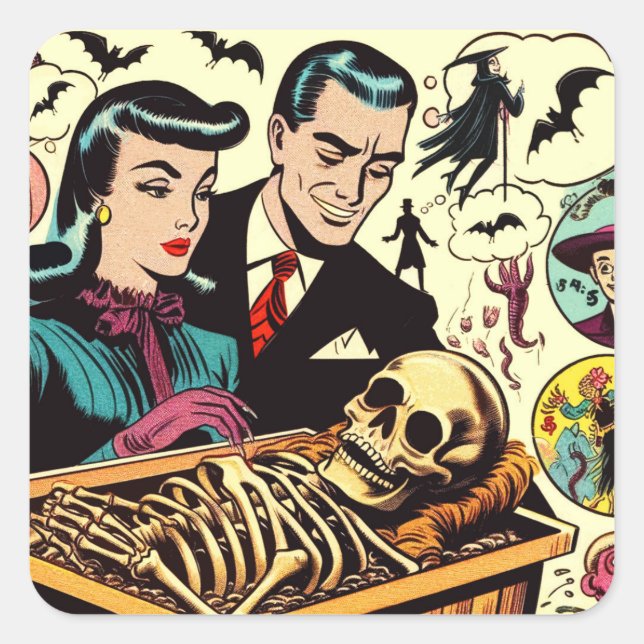 Retro Goth Couple Comic Quadratischer Aufkleber (Vorderseite)