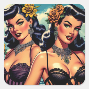 Retro Goth Girls Button-up Quadratischer Aufkleber