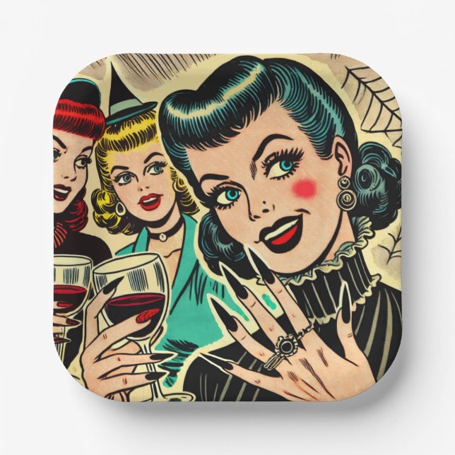 Retro Gothic Halloween Girls Comic Pappteller (Vorderseite)