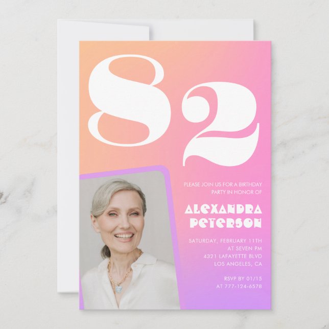 Retro Gradient Pink 82. Geburtstag Einladung (Vorderseite)