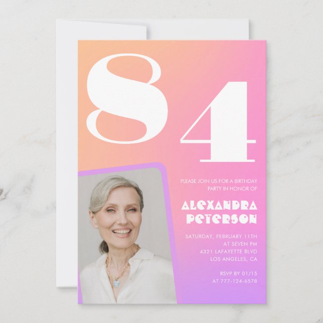 Retro Gradient Pink 84. Geburtstag Einladung (Vorderseite)