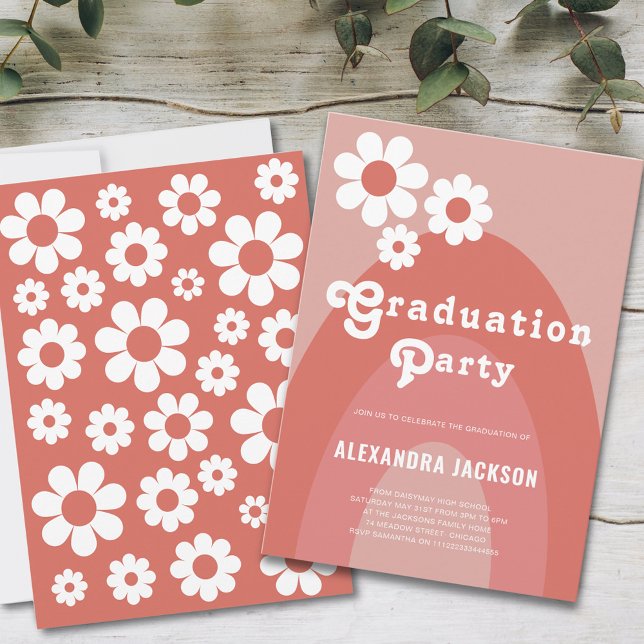 Retro Graduation Party simple Daisy Invitation (Retro vintage daisy arch graduation party invitation peach orange terracotta earthy tones)