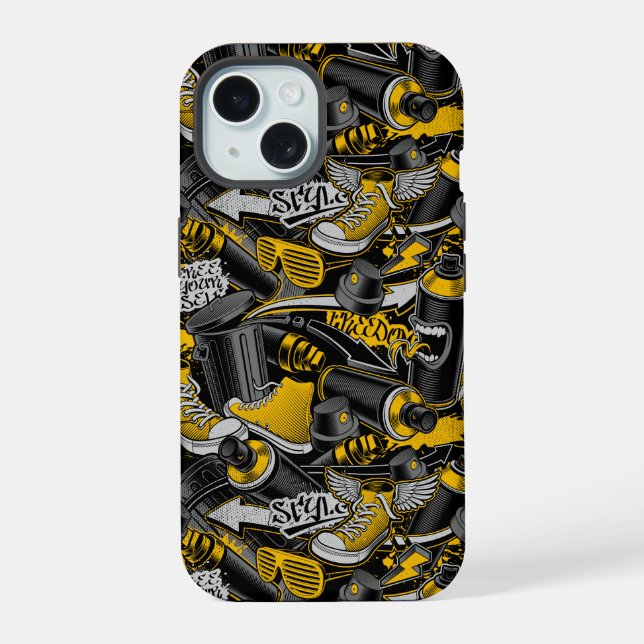 Retro Graffiti Urban Street Pattern iPhone 15 Hülle (Rückseite)